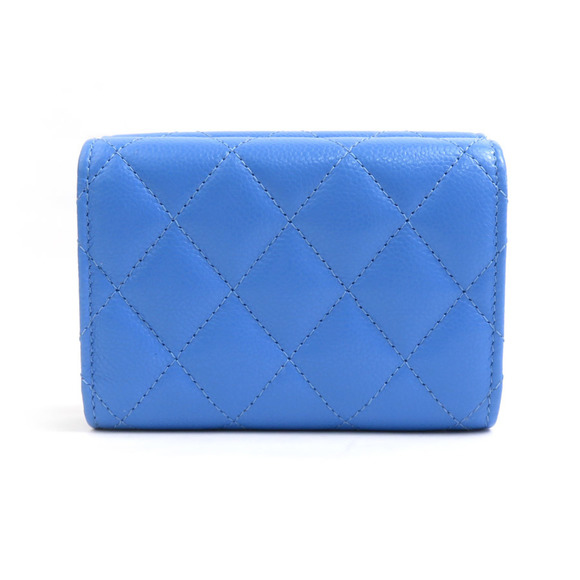 CHANEL Tri-fold Wallet Caviar Skin Leather Blue 90029g - Picture 2 of 5